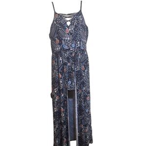 Y2K Boho Floral Maxi Romper Crisscross Top Split Skirt Overlay NoBo XL Shorts